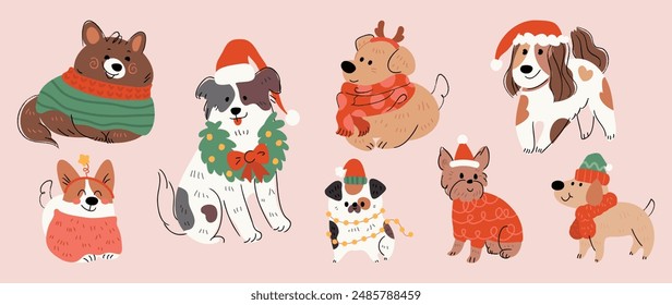 Merry christmas and happy new year concept background vector. Collection drawing of cute dogs with decorative scarf, ribbon, hat. Design suitable for banner, invitation, card, greeting, banner, cover.