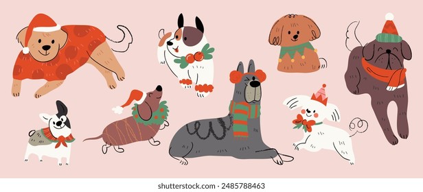 Merry christmas and happy new year concept background vector. Collection drawing of cute dogs with decorative scarf, ribbon, hat. Design suitable for banner, invitation, card, greeting, banner, cover.