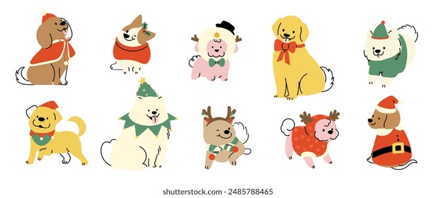 Merry christmas and happy new year concept background vector. Collection drawing of cute dogs with decorative scarf, ribbon, hat. Design suitable for banner, invitation, card, greeting, banner, cover.