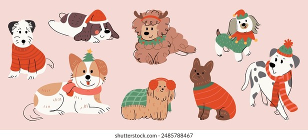 Merry christmas and happy new year concept background vector. Collection drawing of cute dogs with decorative scarf, ribbon, hat. Design suitable for banner, invitation, card, greeting, banner, cover.