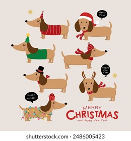 Merry Christmas and happy new year with cute dachshund puppy in winter costumes. Animal and dog holidays cartoon characters. -Vector