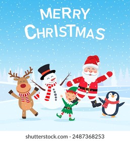 Merry Christmas and happy new year. Lets dance together with Santa. Christmas cad with Santa, deer, snowman, penguin. Vector illustration in flat style