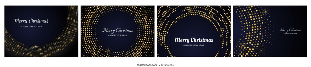 Merry Christmas and Happy New Year backdrops with gold glitter pattern in circle form. Set of three abstract gold glowing halftone dotted backgrounds for Christmas holiday greeting card on dark