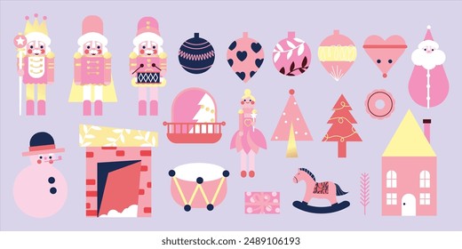 Merry Christmas and happy new year element vector set. Collection of nutcracker, christmas Ballet, pine tree, snowman, hanging decorative. Design suitable for banner, invitation, decoration.