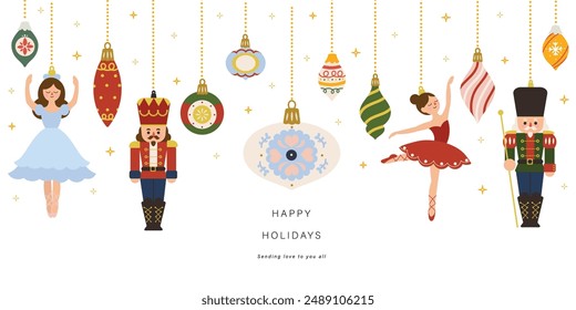 Merry Christmas and happy new year concept background vector. Collection of nutcracker, christmas Ballet, christmas bauble, twinkling stars. Design suitable for banner, invitation, decoration.