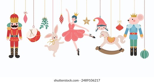 Merry Christmas and happy new year concept background vector. Collection of nutcracker, christmas Ballet, christmas bauble, rabbit, rocking horse. Design suitable for banner, invitation, decoration.