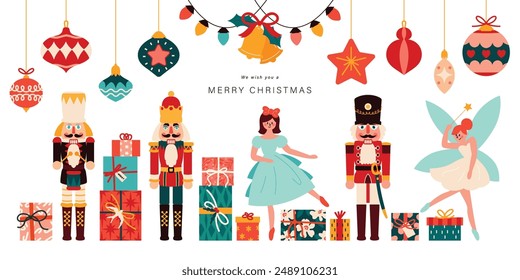 Fröhliche Weihnachtsmusiken und glückliches neues Jahr Konzept Hintergrund Vektorgrafik. Kollektion von Nussknacker, Weihnachtsballett, Weihnachtskugel, Glocke, Geschenk. Design geeignet für Banner, Einladung, Dekoration.