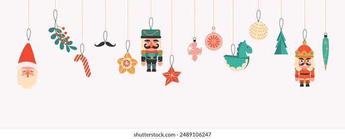 Feliz Navidad y feliz año nuevo concepto de Vector de fondo. Colección de cascanueces, santa, bauble navideño, pino, caña de caramelo, acebo. Diseño adecuado para el Anuncio, invitación, decoración.