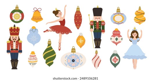 Merry Christmas and happy new year element vector set. Collection of nutcracker, christmas Ballet, christmas bauble, bell, hanging decorative. Design suitable for banner, invitation, decoration, card.