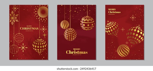 Merry Christmas and Happy New Year Set of greeting cards, posters, holiday covers or banners, Modern Xmas design with geometric pattern in red and gold colors. Christmas ball background. Eps 10 vector