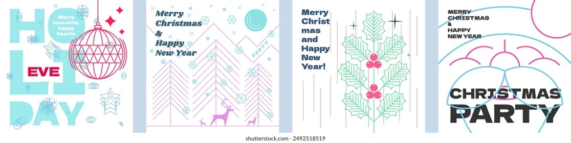 Merry Christmas and Happy New Year holiday abstract style graphic square banner set. Linear smiling Santa Claus and mistletoe branch on winter celebration eps greeting card. Modern trendy reindeer art
