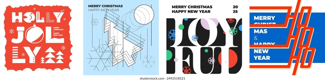 Merry Christmas and Happy New Year abstract square banner set. Winter celebration eve modern graphic decoration greeting card concept. Trendy geometric style print. Art y2k eps cover