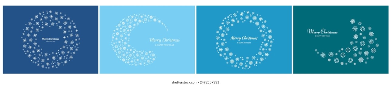 Merry Christmas and Happy New Year backdrop with white snowflakes. Set of four Holidays backgrounds for Christmas greeting cards on blue background. Vector illustration