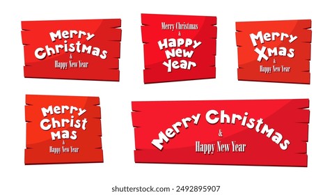 Merry Christmas and Happy New Year creative inscription on board set. Holiday plank with lettering templates for greeting card or overlay. Wonderful season sign decoration. Vintage typography eps logo