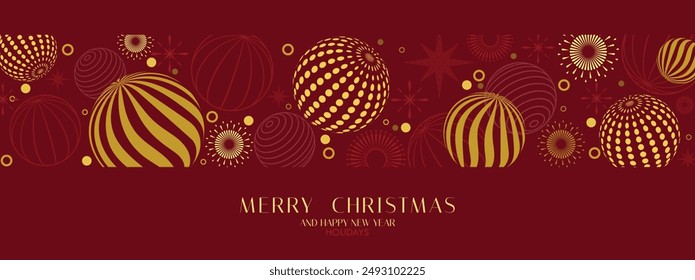 Merry Christmas and Happy New Year festive design with border made of beautiful ball background, Modern Xmas design in geometric style. Christmas cards, posters, holiday covers or banners. vector