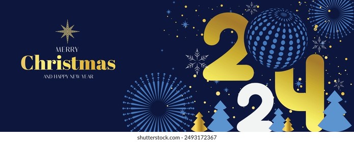 Merry Christmas and Happy New Year 2024 greeting card with balls, Christmas tree, stars, snowflakes. Christmas cards, posters, holiday covers or banners. Background and copy space. Eps 10 vector