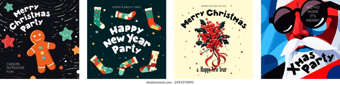 Merry Christmas and Happy New Year square banner. Winter holiday Xmas eve abstract flyer. Joyful gingerbread man, mistletoe sprig and Santa Claus greeting card. Creative drawing celebration eps print