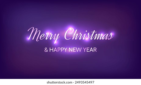 Merry Christmas and Happy New Year neon inscription. Abstract neon background with lights for Christmas holiday greeting card, flyers or posters. Vector illustration