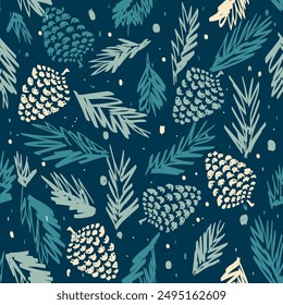 Merry Christmas, Happy New Year seamless pattern with fir cones, spruce branches and snowflakes for greeting cards, wrapping paper. Seamless winter pattern. Vector illustration.