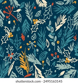 Merry Christmas, Happy New Year seamless pattern with fir cones, spruce branches and snowflakes for greeting cards, wrapping paper. Seamless winter pattern. Doodle Vector illustration.