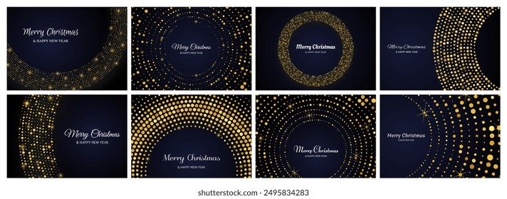 Merry Christmas and Happy New Year backdrops with gold glitter pattern in circle form. Set of eight gold glowing halftone dotted backgrounds for Christmas holiday greeting card on dark background