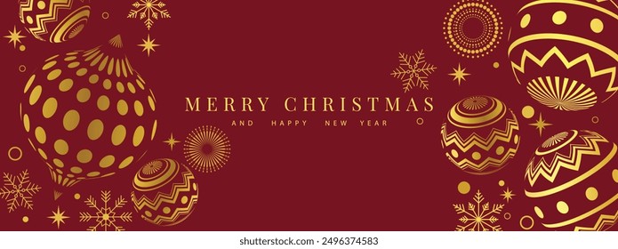 Merry Christmas and Happy New Year festive design with border made of beautiful ball background, Modern Xmas design in geometric style. Christmas cards, posters, holiday covers or banners. vector