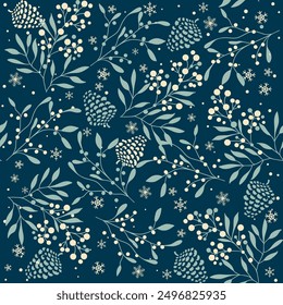 Merry Christmas, Happy New Year seamless pattern with fir cones, spruce branches and berries for greeting cards, wrapping paper. Seamless winter pattern. Vector illustration.