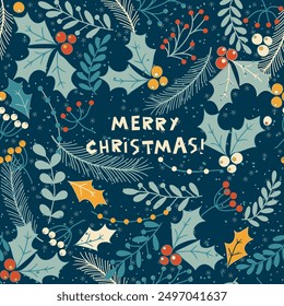 Merry Christmas, Happy New Year greeting card, wrapping paper with lettering. Brochure, poster template in Christmas style. Beautiful design and layout. Seamless winter background. Vector illustration