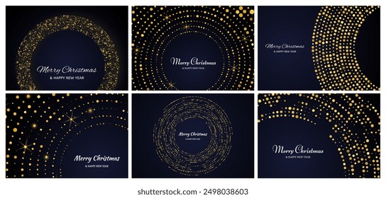 Merry Christmas and Happy New Year backdrops with gold glitter pattern in circle form. Set of six abstract gold glowing halftone dotted backgrounds for Christmas holiday greeting card on dark