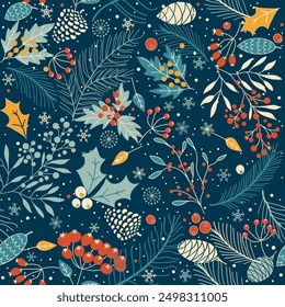Merry Christmas, Happy New Year greeting card, wrapping paper. Brochure, poster template in Christmas style. Beautiful design and layout. Seamless winter background. Vector illustration