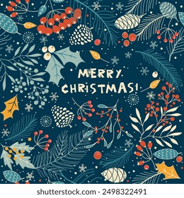 Merry Christmas, Happy New Year greeting card, wrapping paper with lettering. Brochure, poster template in Christmas style. Beautiful design and layout. Seamless winter background. Vector illustration