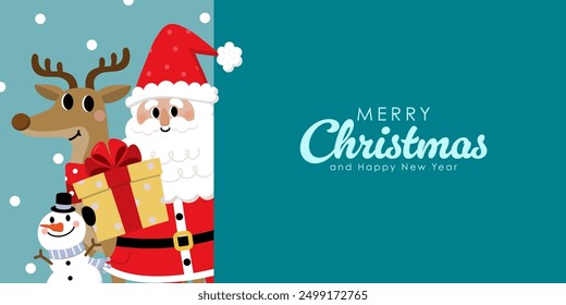 Merry Christmas and happy new year with Santa Claus, snowman and deer. Holiday cartoon character in winter season. -Vector