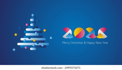 Merry Christmas and Happy New Year 2025 modern colorful design with abstract Christmas tree blue greeting card