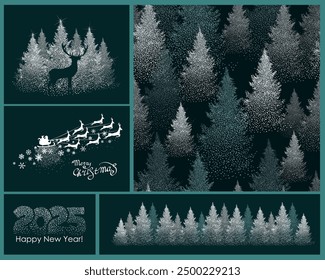 Merry Christmas and Happy New Year Set of greeting cards, posters, holiday covers. Xmas Design with beautiful snowflakes in modern line art style on red background. Christmas tree, border frame, decor