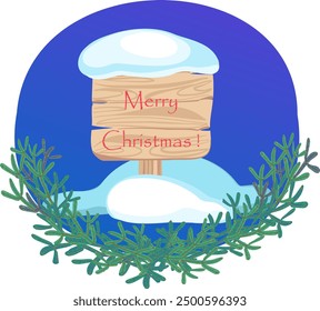 Merry Christmas  Happy New Year design with vintage wooden board , snowflakes, spruce branch.