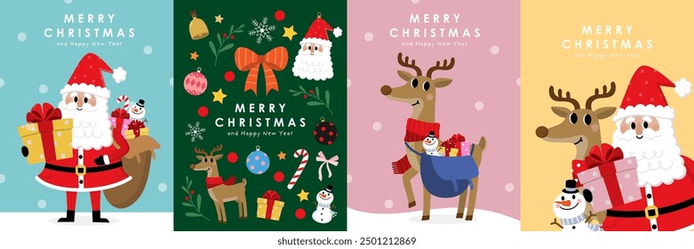 Merry Christmas and happy new year with Santa Claus, snowman and deer. Holiday cartoon character in winter season. -Vector