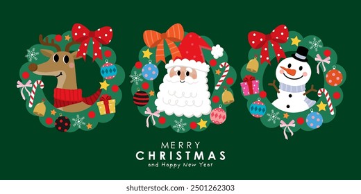 Merry Christmas and happy new year with Santa Claus, snowman, deer and wreath. Holiday cartoon character in winter season. -Vector