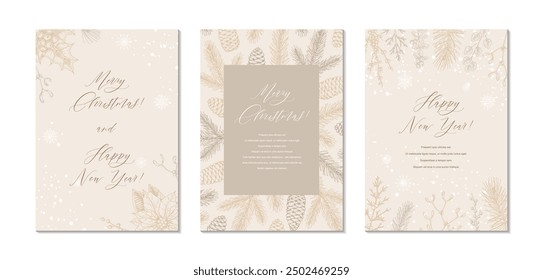 Merry Christmas and Happy New year greeting cards set. Hand drawn sketch winter postcard. Trendy holiday festive design background for invitations, certificate, social media templates
