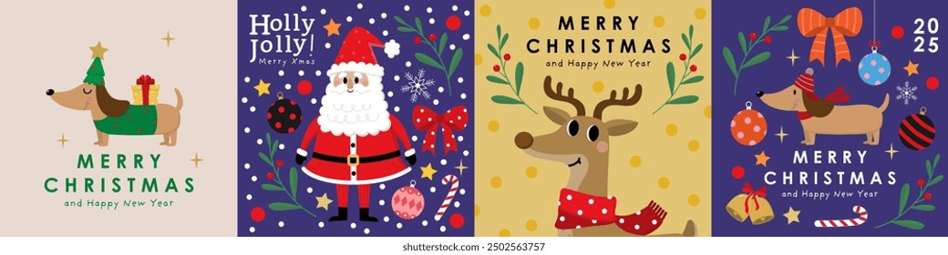 Feliz Navidades y feliz año nuevo con Santa Claus, ciervos, adornos, campana, pelota y perro. Personaje de dibujos animados de Festiva en la temporada invernal. -Vector
