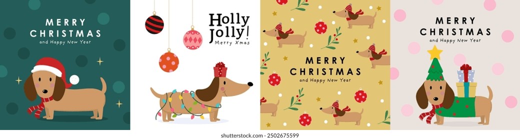 Merry Christmas and happy new year greeting card with cute dachshund puppy in winter costumes. Animal and dog holidays cartoon characters. -Vector