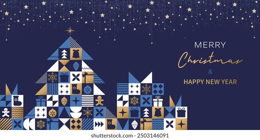 Merry Christmas and Happy New Year banner, greeting card, poster, holiday cover. Modern Xmas design in geometric style with Christmas tree, gift and star on blue background