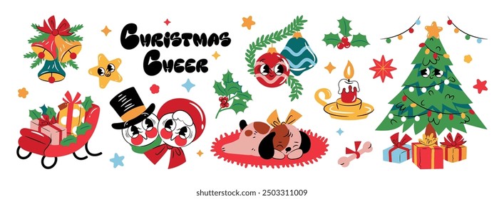 Merry christmas and happy new year cartoon characters decoration element set. Holidays greeting for design, poster, print, background.
