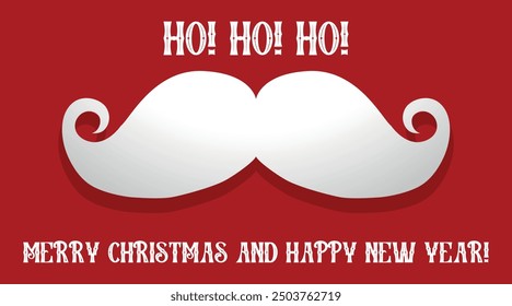 Merry Christmas and Happy New Year greeting cars with white Santa Claus mustache icon on red background. Mustache silhouette. Vintage retro hipster moustache curly. 