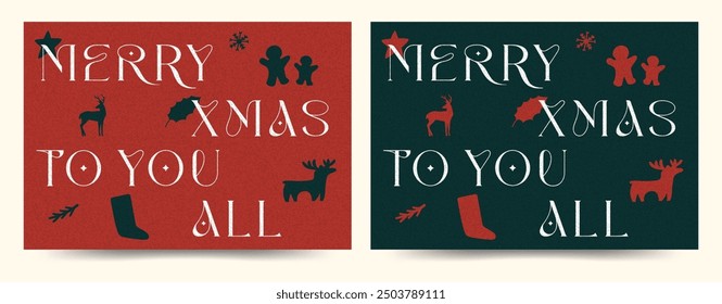 Merry Christmas and Happy New Year Set of posters, greeting cards, holiday covers. Elegant Xmas design in red and green colors with hand drawn christmas icons. Vector illustrations.