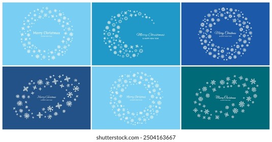 Merry Christmas and Happy New Year backdrop with white snowflakes. Set of six Holidays backgrounds for Christmas greeting cards on blue background. Vector illustration