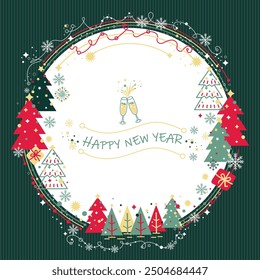 Merry Christmas and Happy New Year greeting card. Circle frame. Vector illustration.