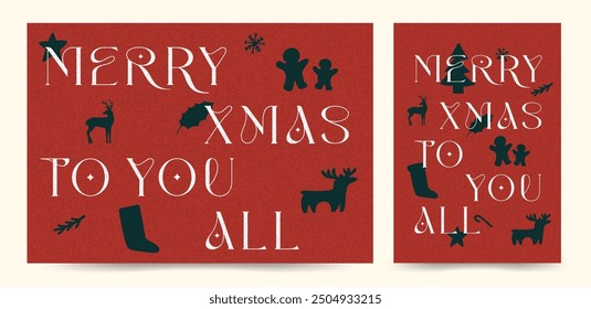 Merry Christmas and Happy New Year Set of posters, greeting cards, holiday covers. Elegant Xmas design in red and green colors with hand drawn christmas icons. Vector illustrations.