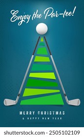 Merry Christmas and Happy New Year card for golf fans. Abstract christmas tree, metal golf clubs and ball on blue textured background - vector illustration