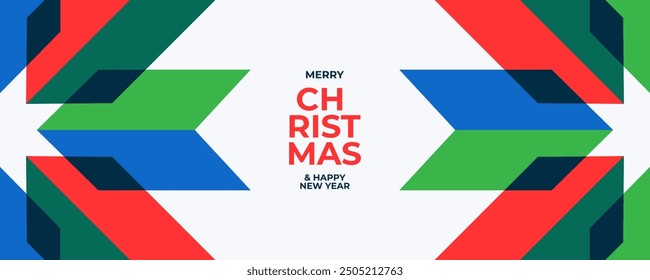 Merry Christmas and Happy New Year background, greeting card, horizontal poster, holiday cover. Design template with typography in modern geometric minimalist style for web header, social media, print