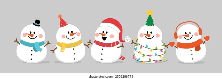 Feliz Navidades y feliz año nuevo con lindo muñeco de nieve en traje de invierno. Caricatura y personaje de Festiva. -Vector